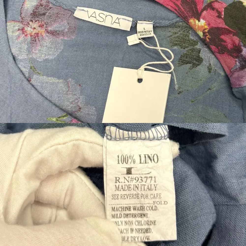 VASNA Rolled Sleeve Floral Linen Tunic Dress in Dusty Blue size Large NWT - Picture 5 of 6